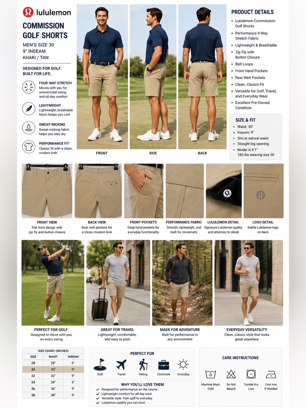 Lululemon Men's Commission Golf Shorts Khaki Tan Stretch Size 30 9" Inseam